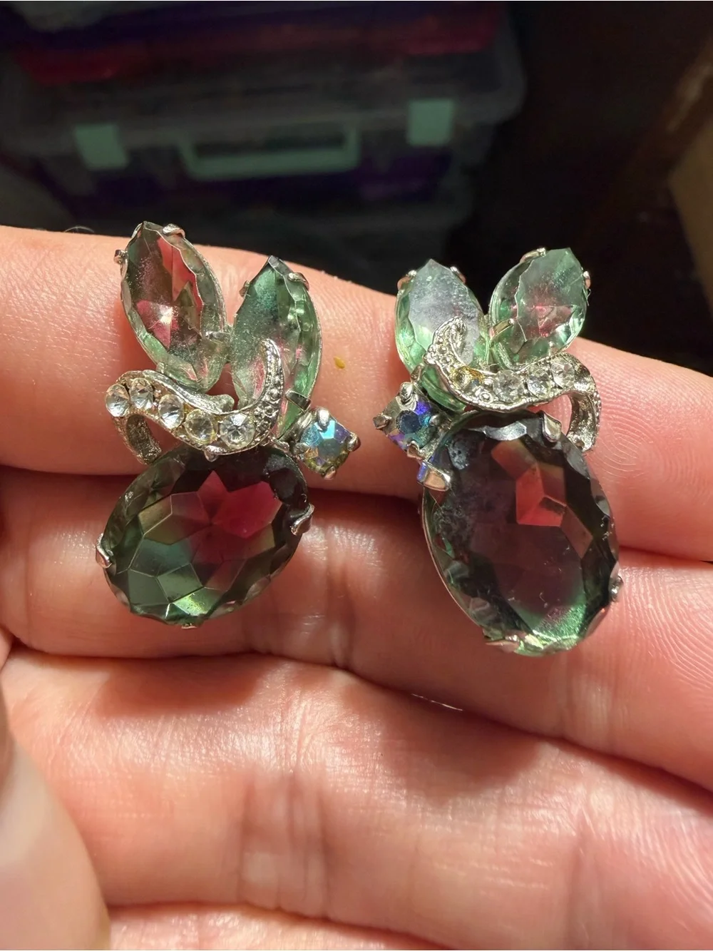 Vintage Silver Tone Watermelon Rhinestone Clip On Earrings